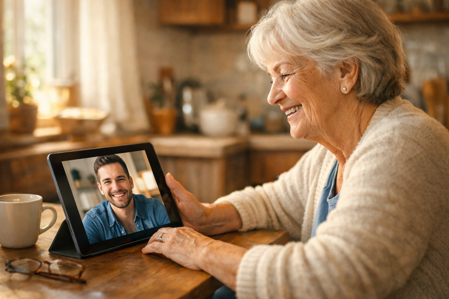Seniorin im Videoanruf mit SeniorTech-Helfer
